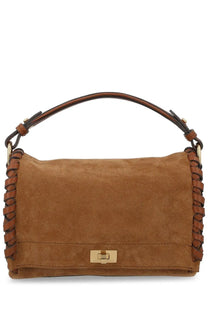 Anya hindmarch women’s borsa mortimer whipstitch brown tan suede handbag with braided leather trim and gold-tone clasp