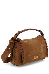Anya Hindmarch women’s tan suede handbag with braided leather detailing and gold-tone logo plaque