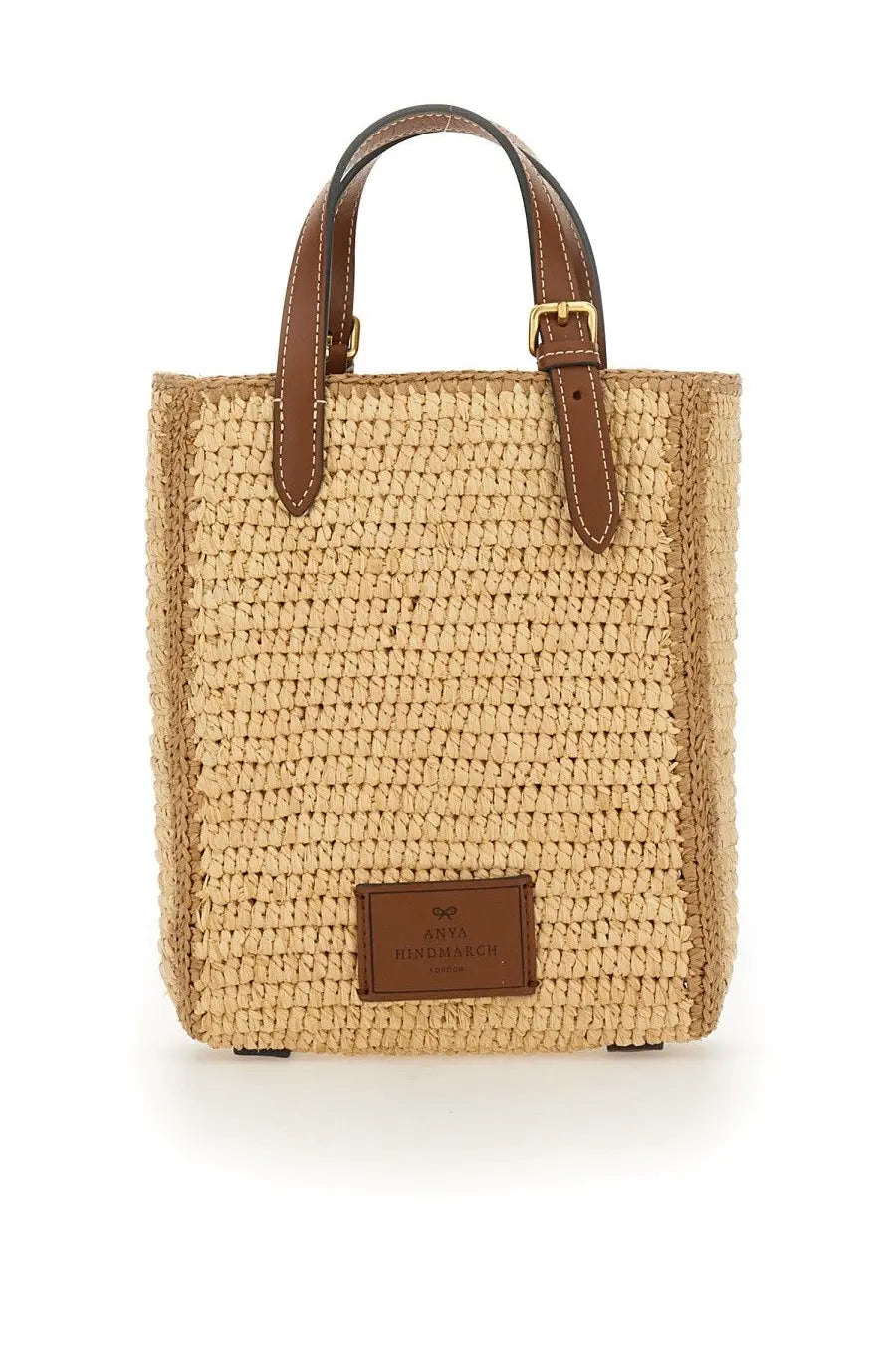 Anya hindmarch women’s borsa tote eyes beige beige woven straw tote bag with brown leather handles and brand patch