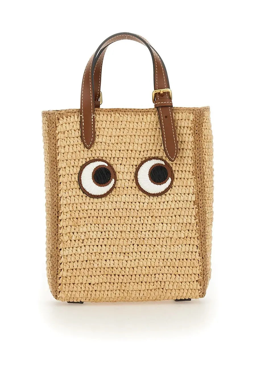 Anya Hindmarch women’s beige woven straw tote bag with embroidered eyes and brown leather handles