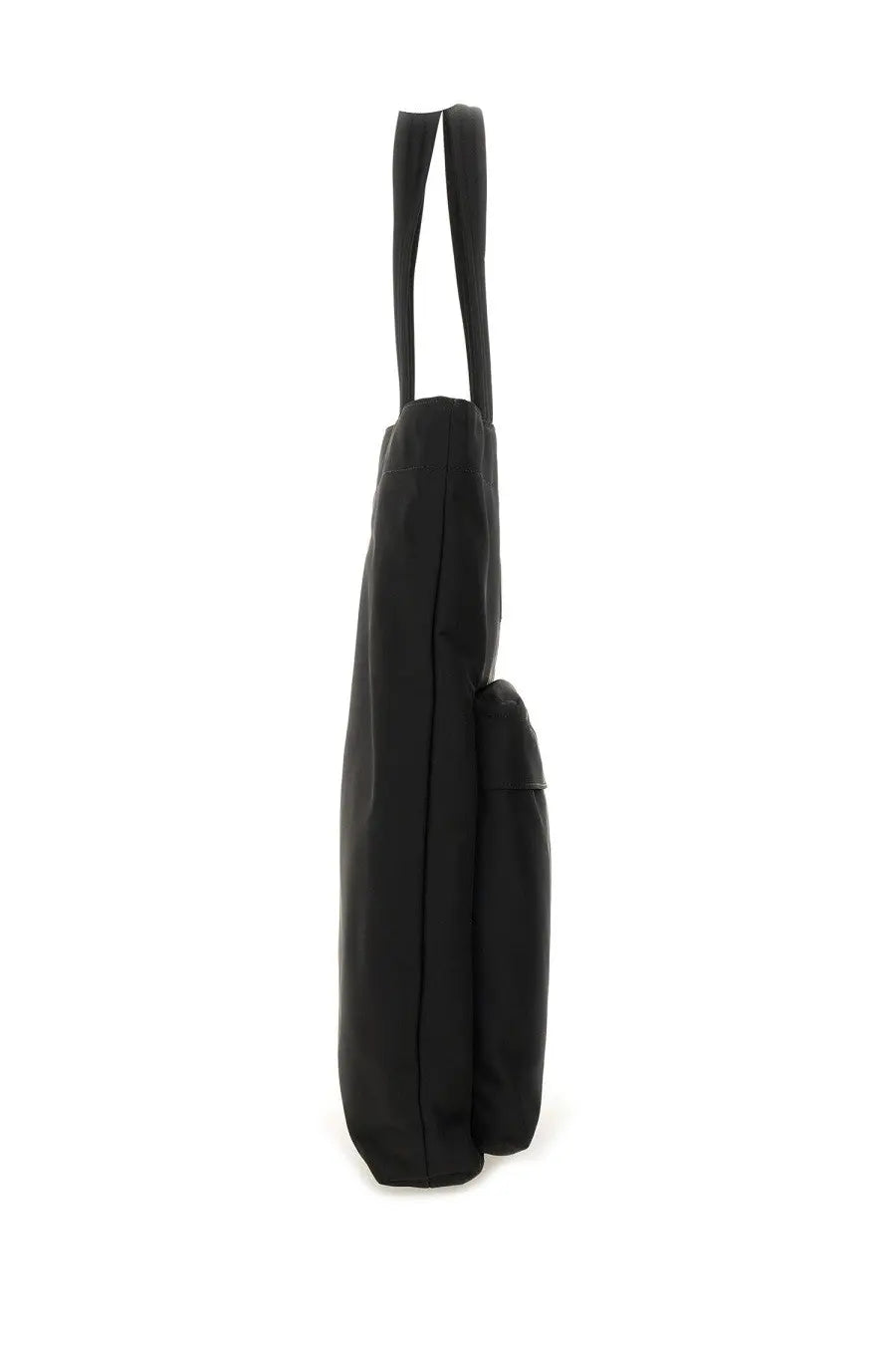 Anya Hindmarch women’s black canvas tote bag with two slender handles and a side pocket for easy access