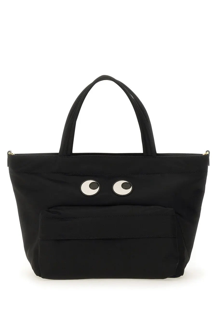 Anya Hindmarch women’s black canvas tote bag with playful white and black embroidered eyes on the front