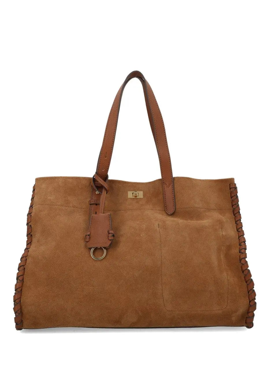Anya Hindmarch women’s tan suede tote bag with braided leather trim and matching handles Mortimer Brown style