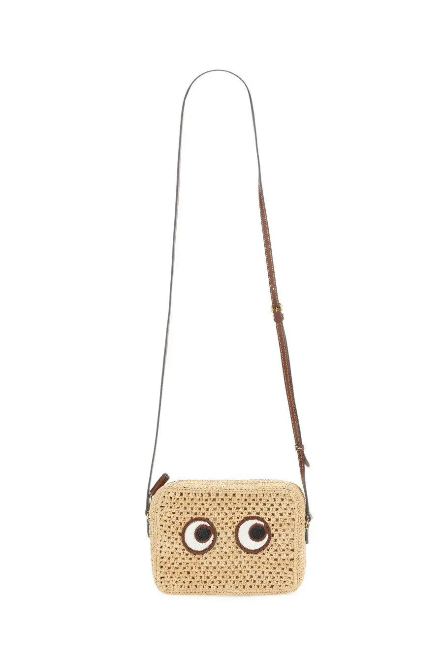 Anya Hindmarch women’s beige woven straw crossbody bag with playful oversized black and white embroidered eyes