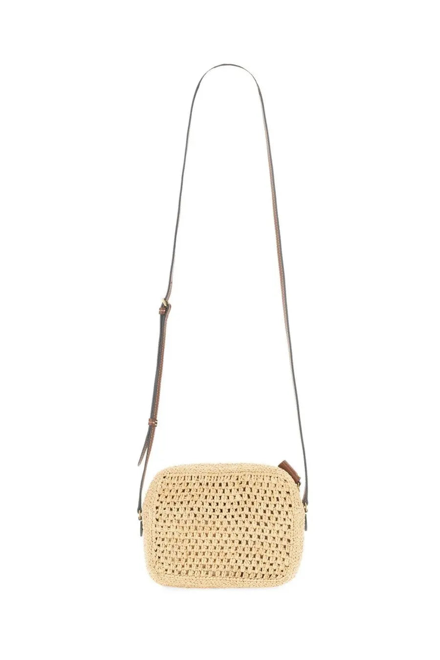 Anya Hindmarch women’s borsa tracolla eyes beige woven straw crossbody bag with brown leather strap and zipper pull