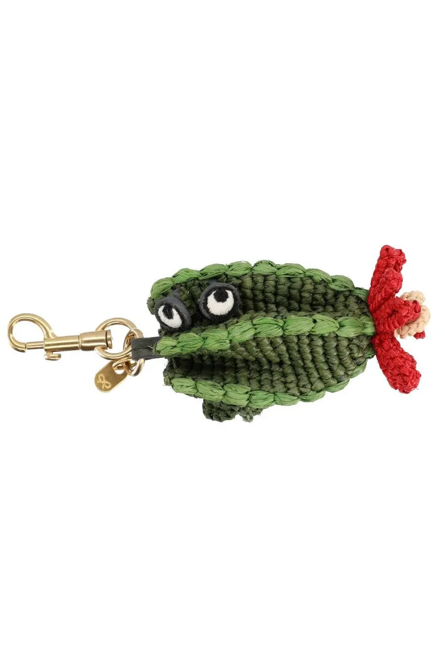 Anya hindmarch womens charm keychain cactus green crocheted with black and white eyes gold clasp and red flower detail