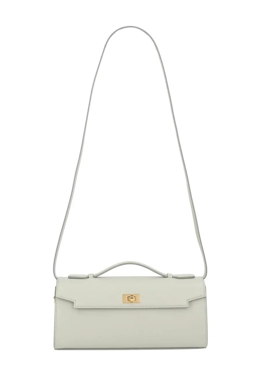 Anya Hindmarch women’s clutch bag Mortimer blue with sleek off-white leather crossbody and gold-tone clasp