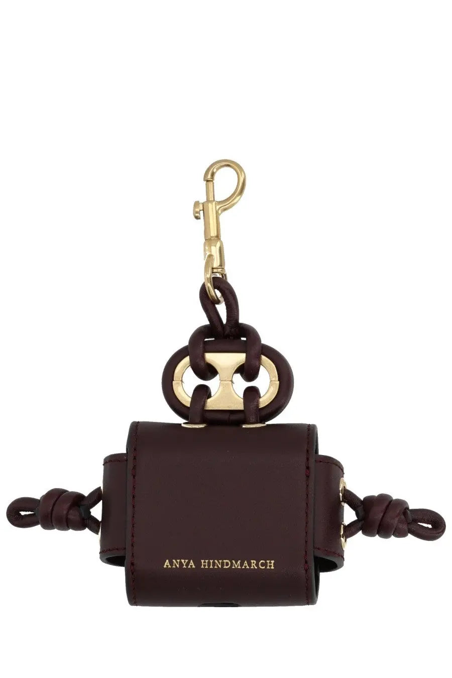 Anya Hindmarch women’s earphone case brown with dark brown leather keychain gold-tone hardware braided details