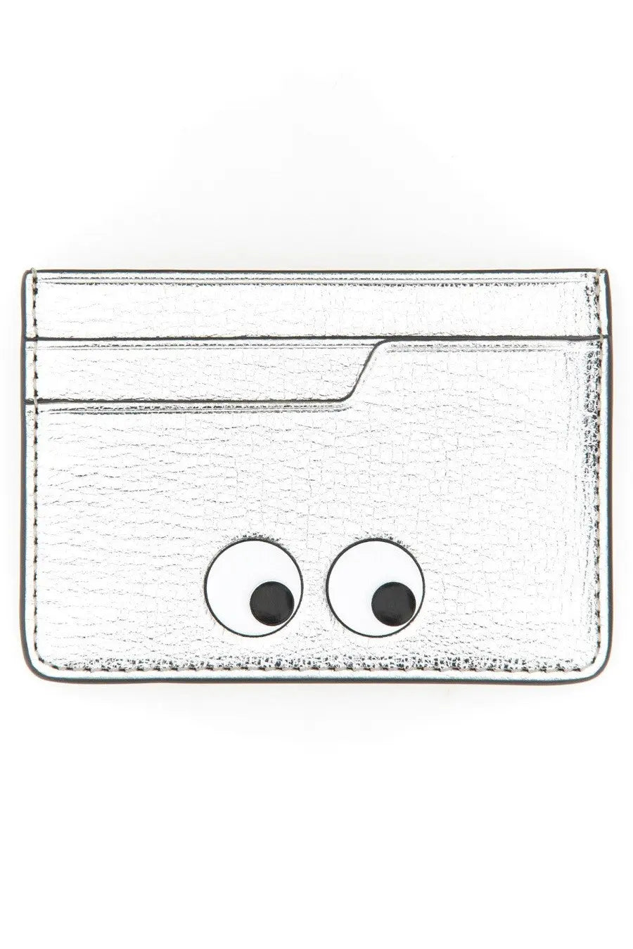 Anya Hindmarch women’s silver textured card holder with playful black and white googly eyes