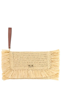 Anya hindmarch women’s oversize raffia clutch bag beige with woven straw, fringe detailing, and brown leather wrist strap