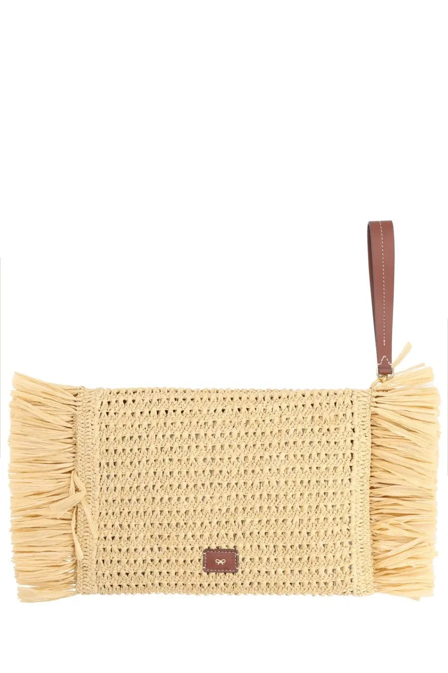 Anya Hindmarch women’s oversize raffia clutch bag beige woven straw with fringed edges and brown leather wrist strap