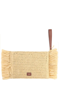 Anya Hindmarch women’s oversize raffia clutch bag beige woven straw with fringed edges and brown leather wrist strap