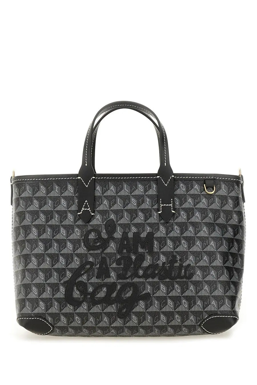 Anya Hindmarch women’s black and gray patterned plastic tote bag with embossed i am a lady text in bold cursive font
