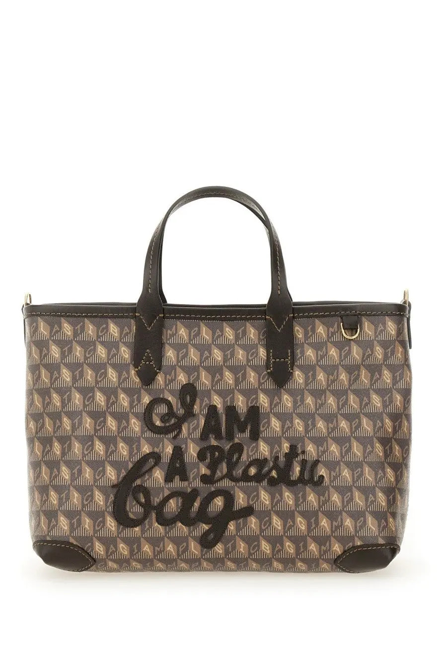 Anya Hindmarch women’s brown and beige patterned tote bag with black leather handles and bold i am a plastic bag script