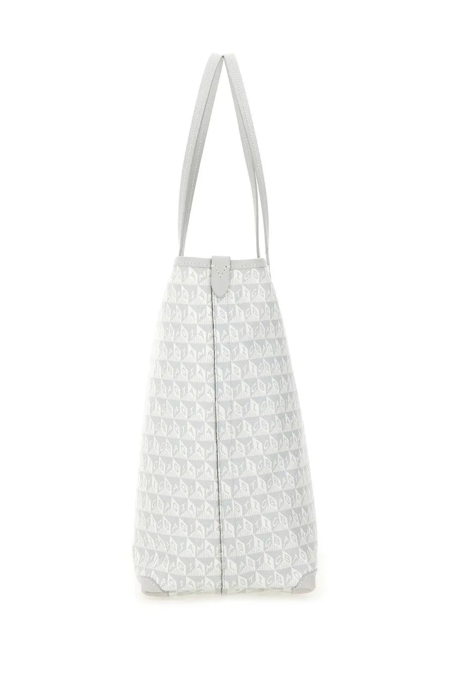 Anya Hindmarch womens am plastic bag wink tote bag in light gray with a geometric pattern in darker gray