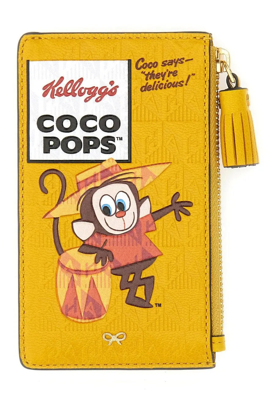 Anya Hindmarch women’s yellow wallet with Kellogg’s Coco Pops cartoon monkey design and tassel zipper pull