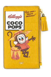 Anya Hindmarch women’s yellow wallet with Kellogg’s Coco Pops cartoon monkey design and tassel zipper pull