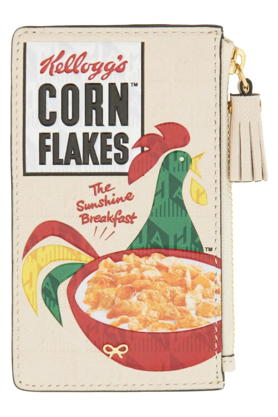 Anya Hindmarch women’s cream leather wallet with vintage kellogg’s corn flakes design and gold zipper tassel