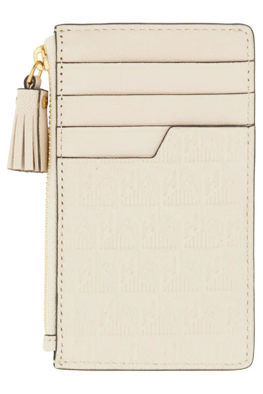 Cream-colored leather cardholder with gold-tone zipper and tassel by Anya Hindmarch in portacarte cornflakes white