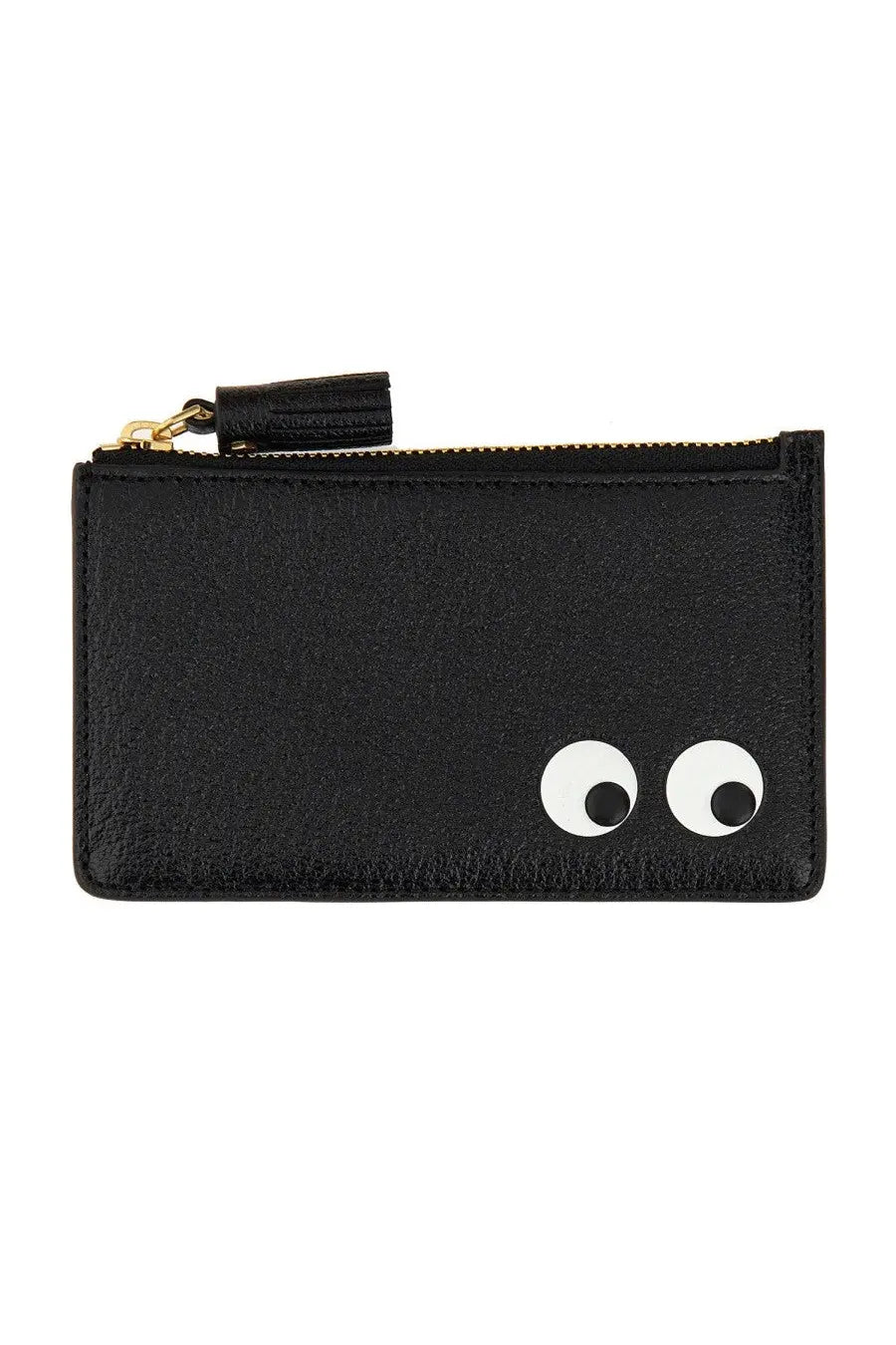 Black leather zippered card case with white googly eyes and gold-tone zipper pull with black tassel by anya hindmarch