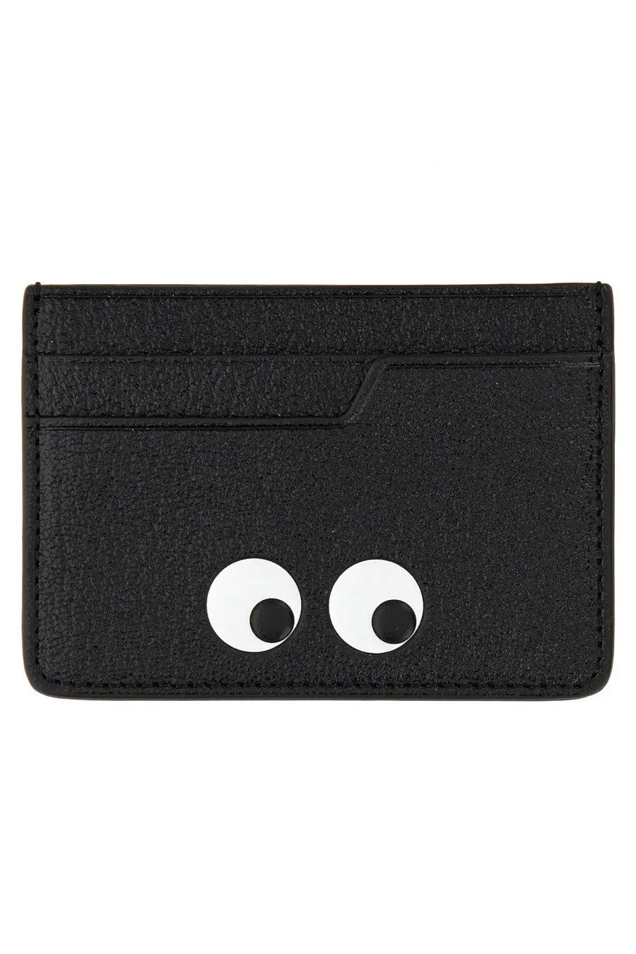 Anya Hindmarch women’s black textured card holder with playful white googly eyes and black pupils