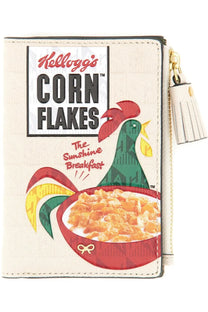 Anya hindmarch women’s cream leather wallet with vintage kelloggs corn flakes design and gold zipper tassel