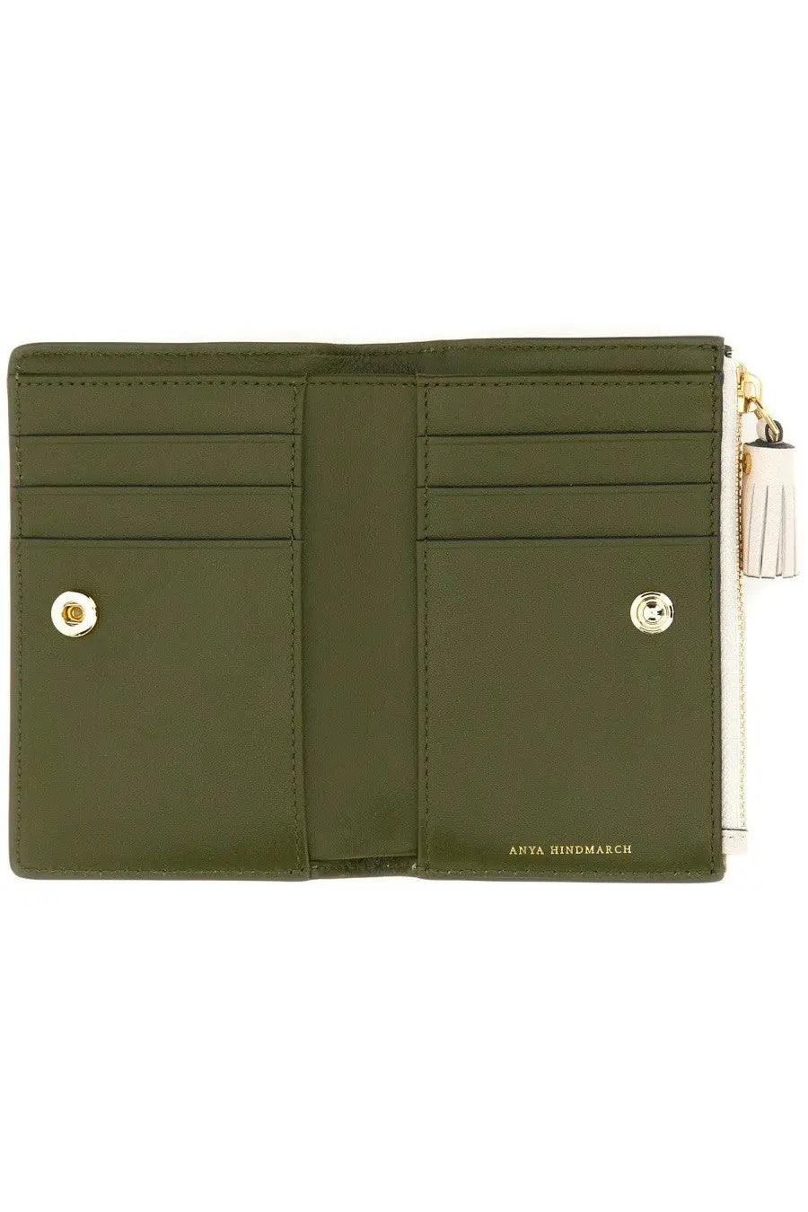 Anya Hindmarch women’s olive green leather wallet with gold hardware and white tassel zipper pull