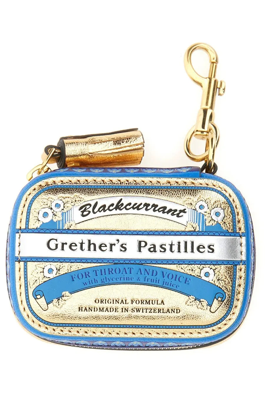 Anya Hindmarch women’s blue and gold leather coin purse designed like a vintage grethers pastilles candy tin
