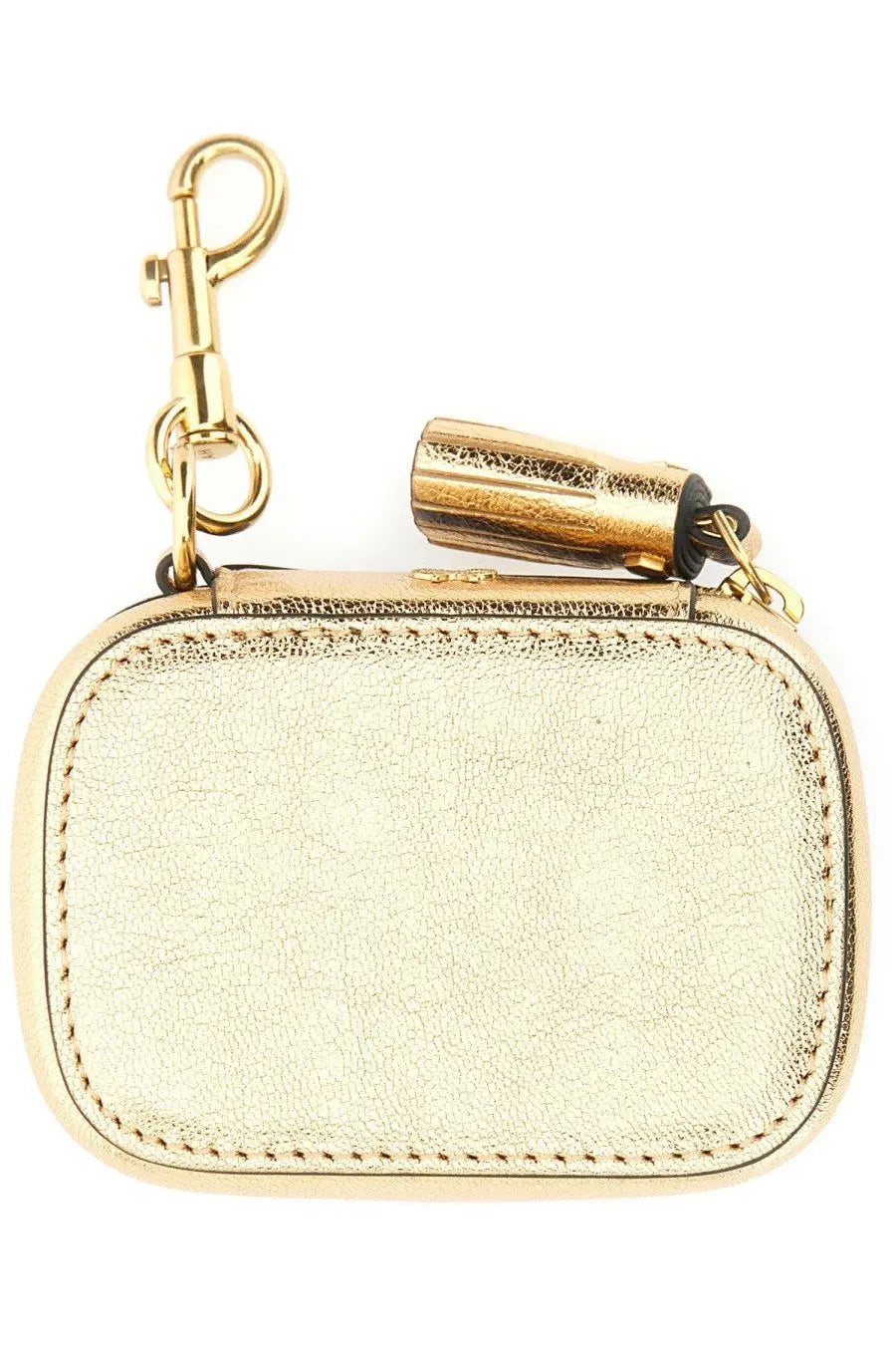 Gold-tone metallic leather keychain pouch with bamboo-inspired tassel and gold hardware from anya hindmarch