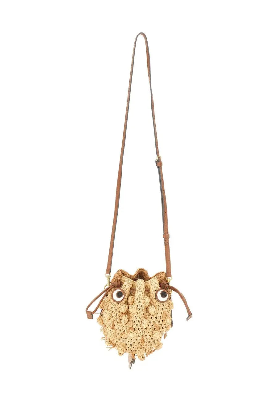 Anya Hindmarch women’s beige woven owl crossbody bag with large round eyes and frayed texture