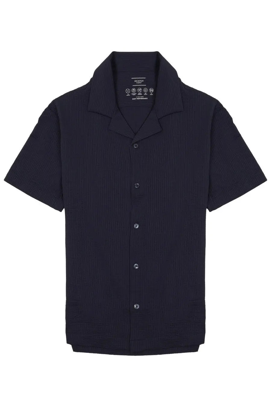 Black short-sleeved button-up shirt with subtle vertical pinstripes from Archivium Be Updated men’s camicia con collo bowling blue