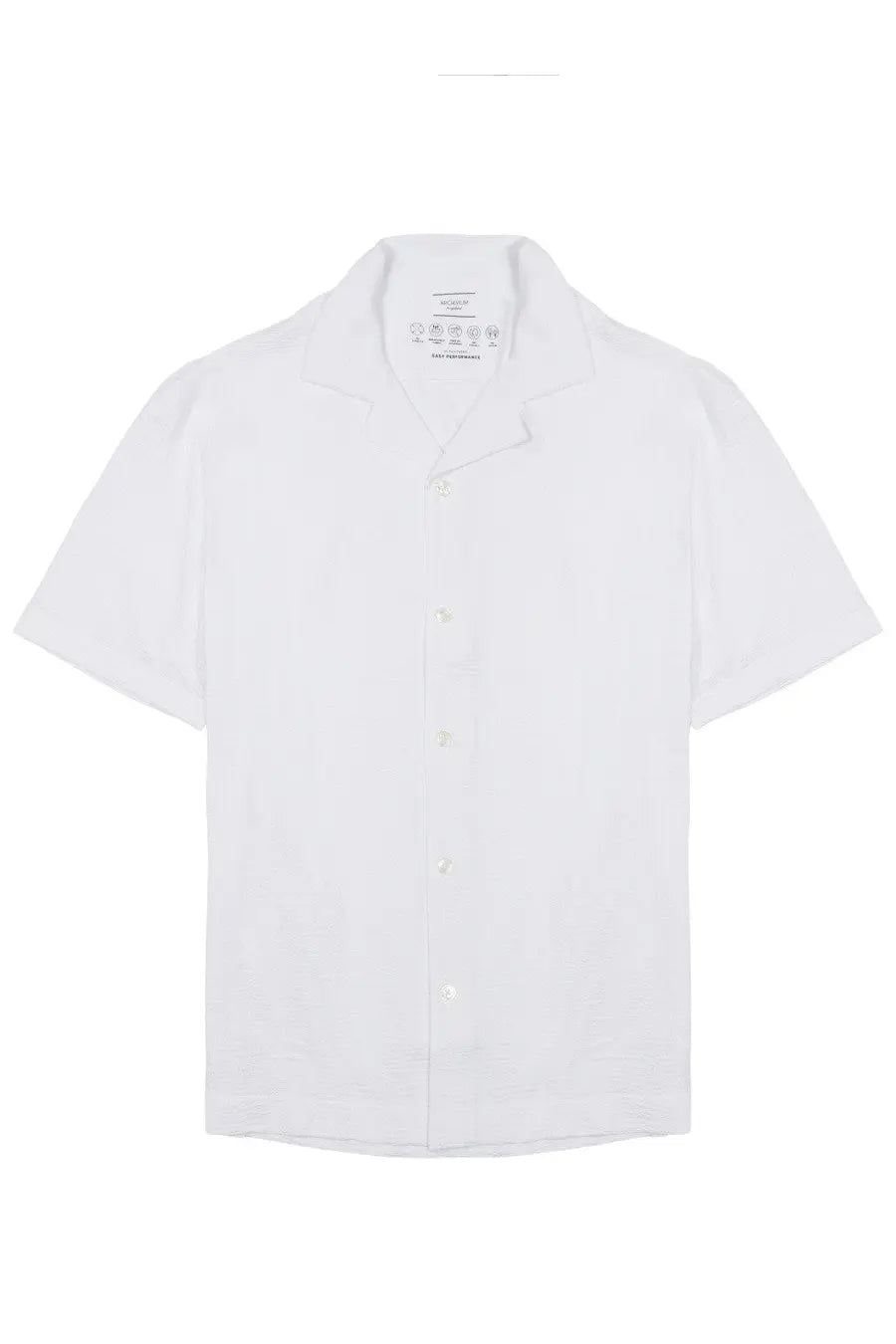 Archivium be updated men’s white short-sleeved button-up shirt with classic collar and subtle texture