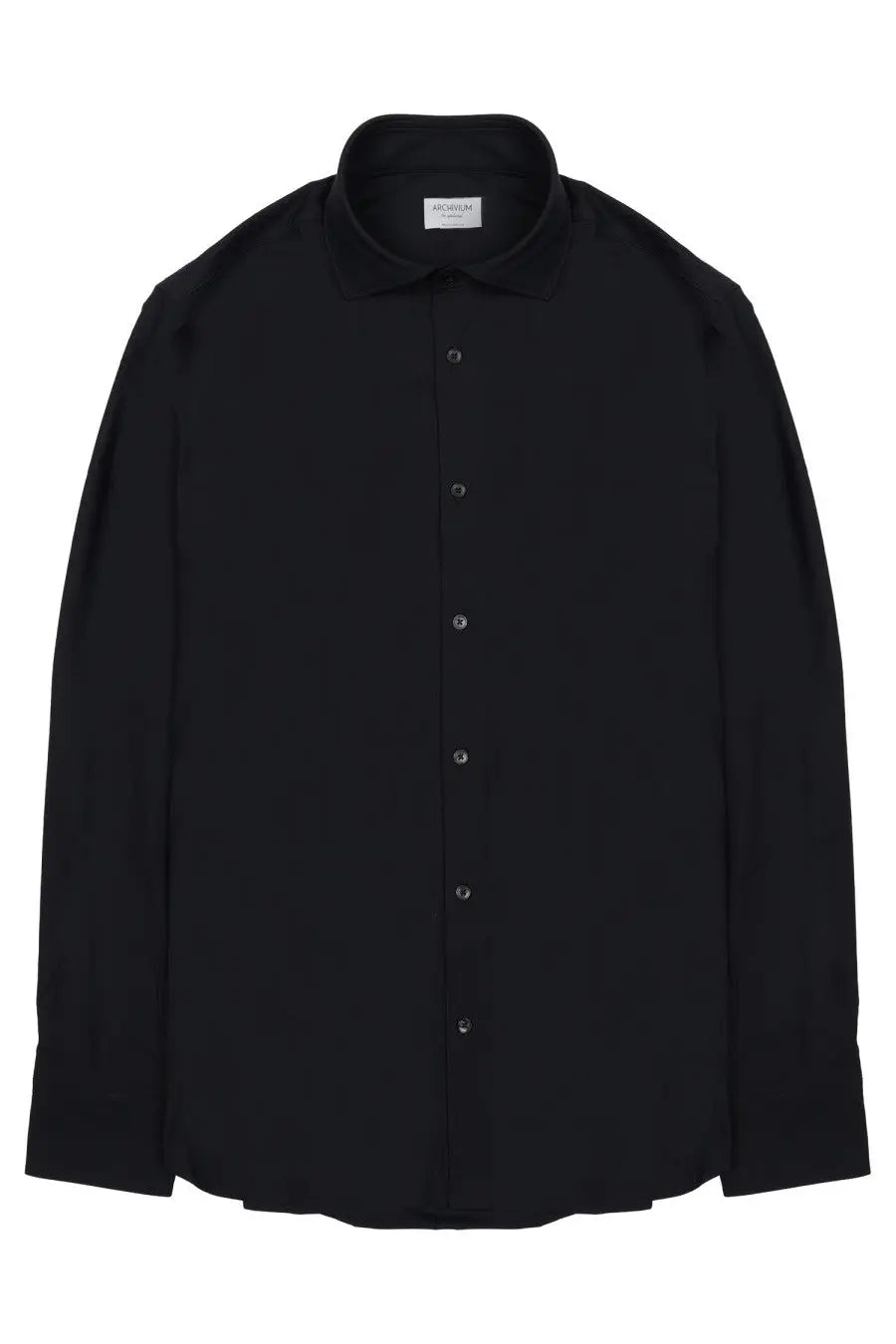 Archivium be updated men’s black button-down shirt in tessuto tecnico with crisp collar and subtle silver buttons
