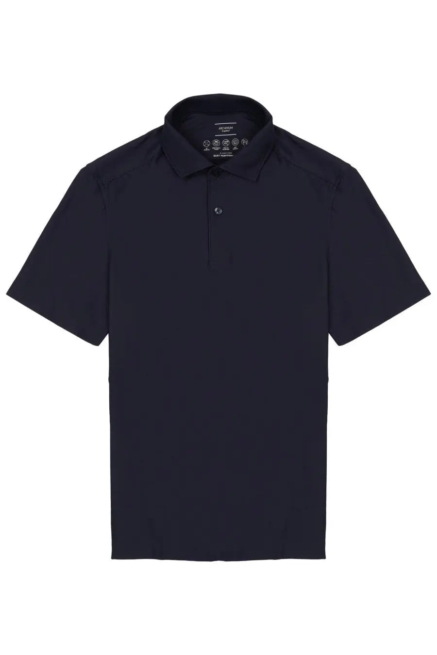 A sleek navy blue archivium be updated men’s short-sleeved polo shirt with classic collar and button placket