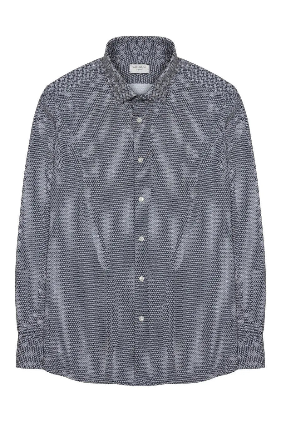 Archivium be updated men’s blue button-down shirt with dark gray geometric pattern and white buttons