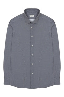 Archivium be updated men’s blue button-down shirt with dark gray geometric pattern and white buttons