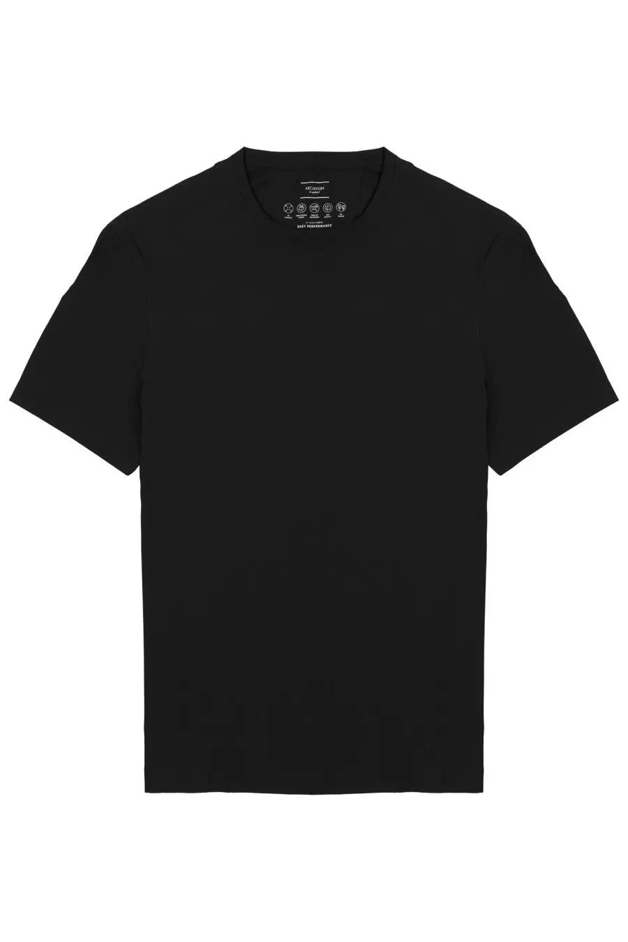 Archivium be updated men’s black short-sleeved crew neck t-shirt in tessuto tecnico with minimalist design and white care label