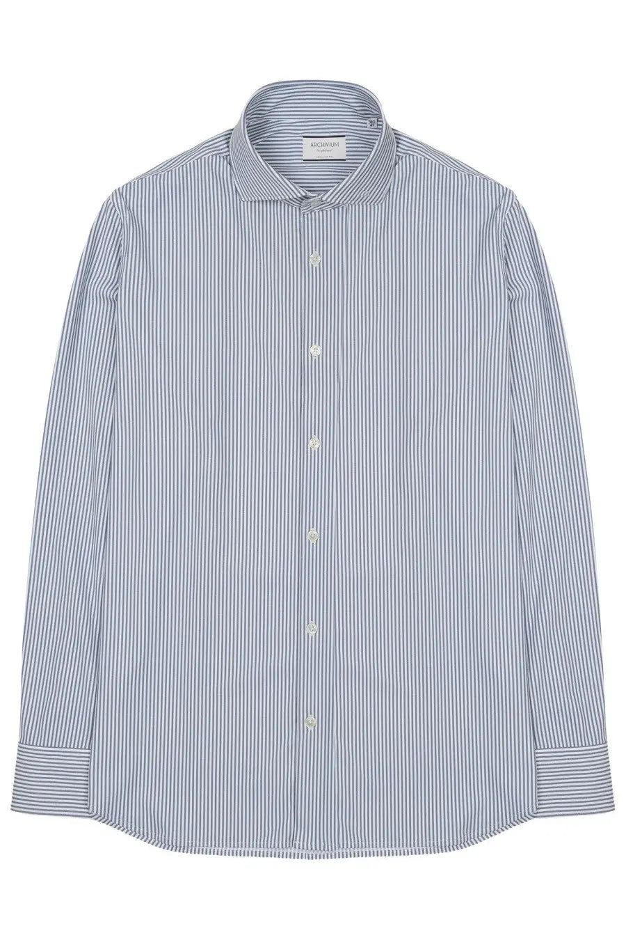 Archivium be updated men’s crisp long-sleeved dress shirt with fine blue and white vertical stripes and button-down collar