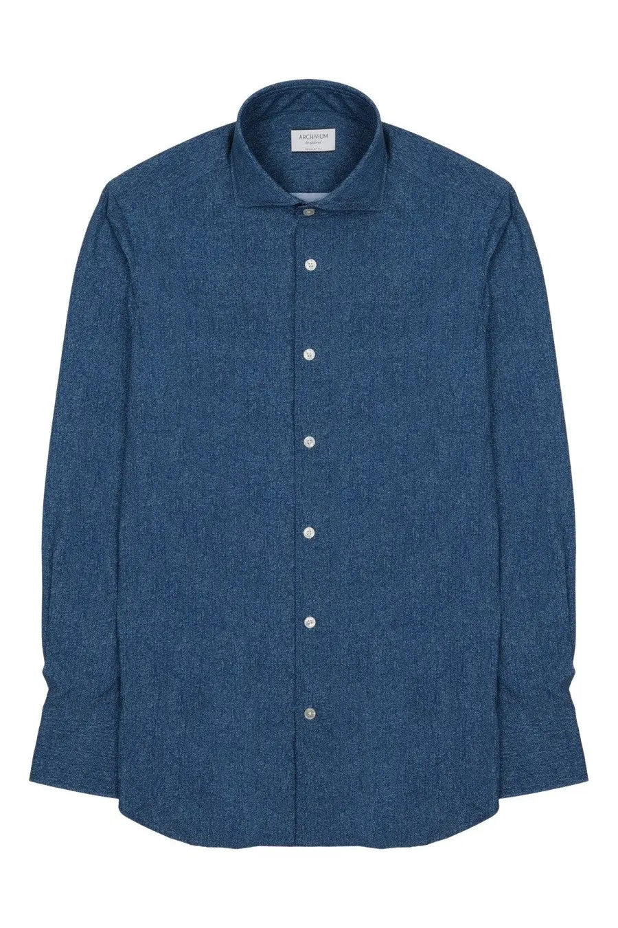 Archivium be updated men’s navy blue textured cotton button-down shirt with subtle heathered pattern and white buttons