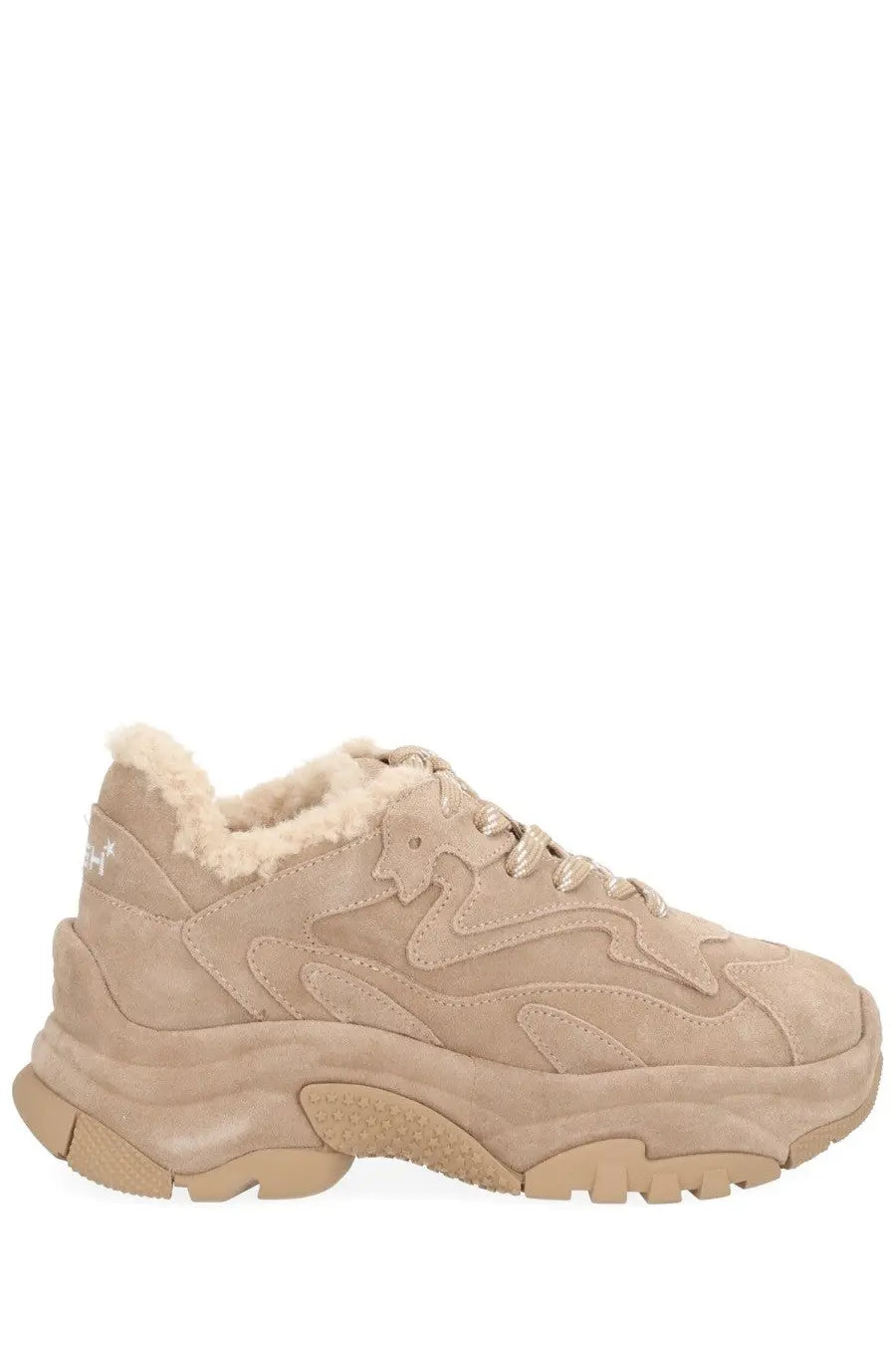 Beige ash women’s addict bis fur sneaker with plush shearling lining and chunky rubber sole in suede material