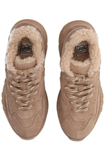 Beige suede ash women’s addict bis fur sneaker with plush shearling lining and chunky rubber soles in brown