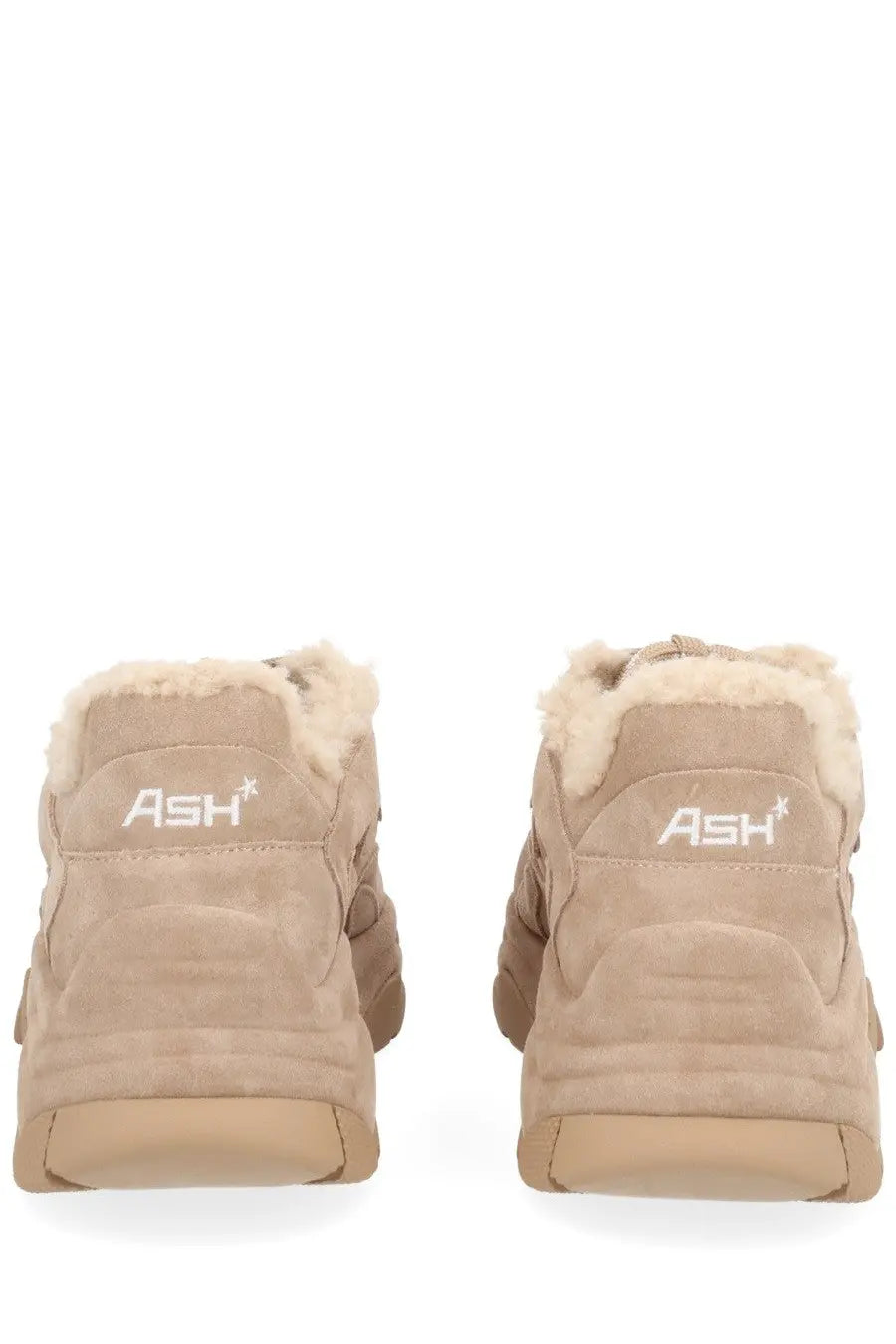 Beige suede ash womens addict bis fur sneaker with plush white shearling lining and chunky rubber soles