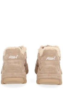 Beige suede ash womens addict bis fur sneaker with plush white shearling lining and chunky rubber soles