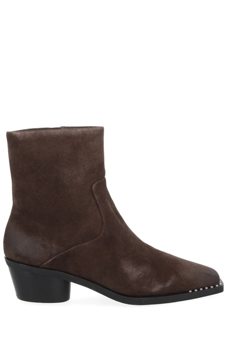 Ash women’s boot Hasley brown brown suede ankle boot with black block heel and silver studs along the toe