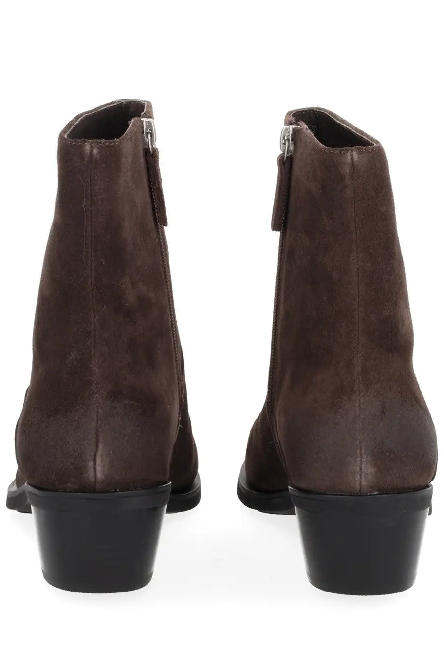 Ash women’s boot hasley brown brown suede ankle boots with black rubber heels and silver zippers front view