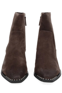 Ash women’s boot Hasley brown suede ankle boots with pointed toe black rubber sole and silver stud accents