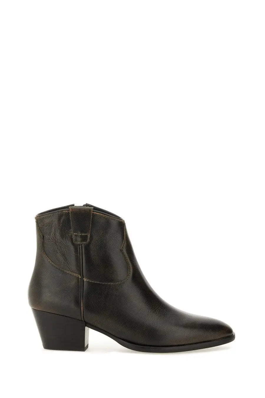 Ash women’s boot hunger black dark brown leather ankle boot with low block heel and stitched detailing