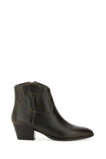Ash women’s boot hunger black dark brown leather ankle boot with low block heel and stitched detailing