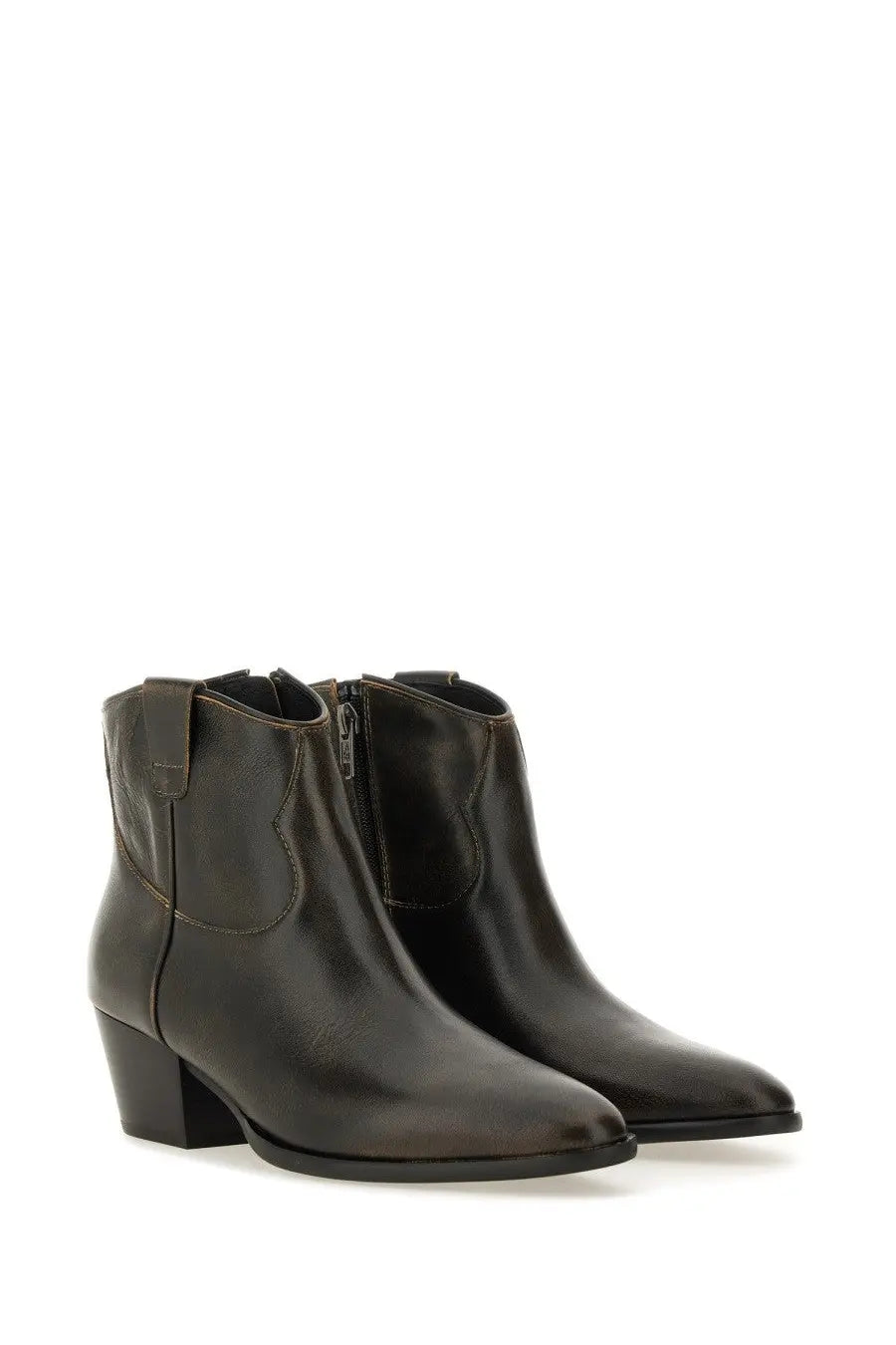 Ash women’s boot hunger black dark olive green leather ankle boots with block heel and zipper closure