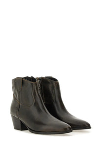 Ash women’s boot hunger black dark olive green leather ankle boots with block heel and zipper closure